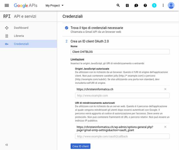 Creazione API Google - Crea oauth client id