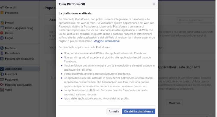 Disattivare la piattaforma per le applicazioni di Facebook - spiegazione e conferma