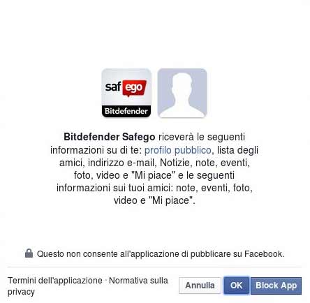 Installazione applicazione Safego per Facebook - Avvertenza