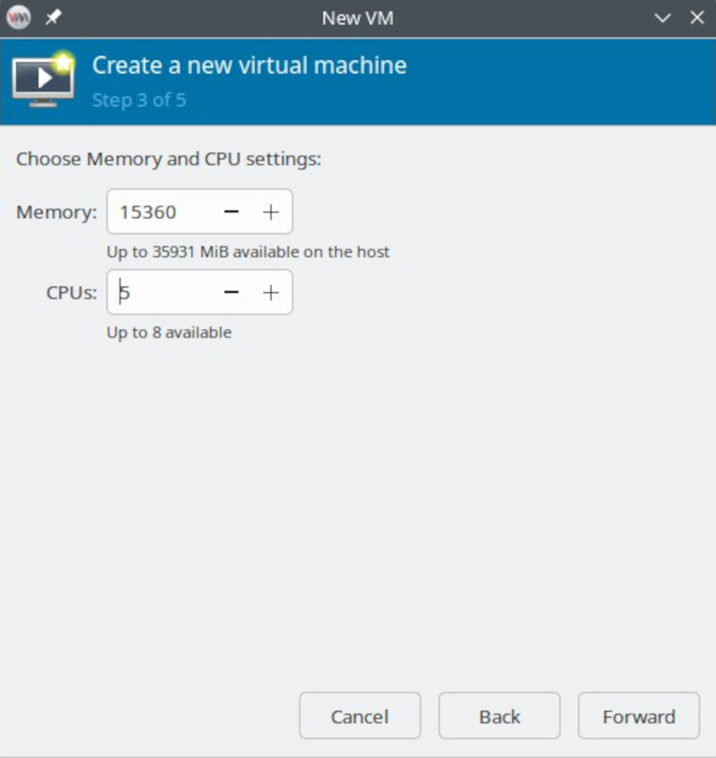Create Virtual Machine using Virtual Manager - Memory and CPU configuration